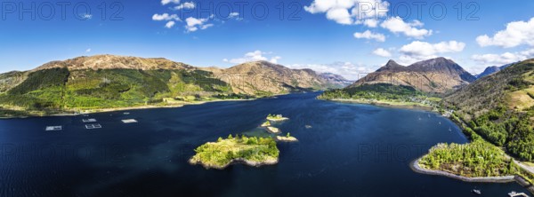 Panorama of Loch Leven from a drone, Glencoe, Highland, Scotland, United Kingdom