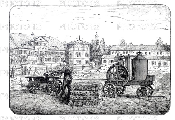 Mobile circular saw and splitting machine with petrol engine, designed by J.M. Grob & Co. from Leipzig, around 1886, historical, digitally improved reproduction of a 19th century model