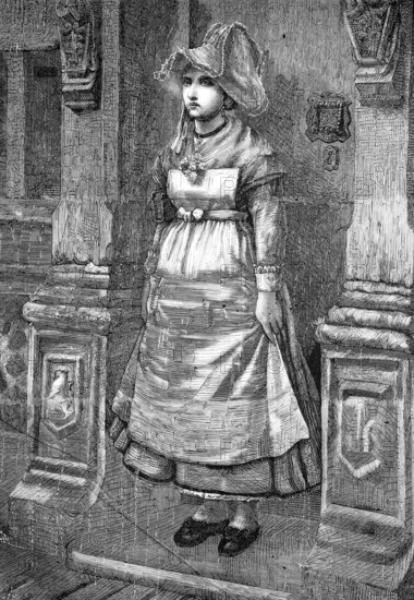 On a rainy day, a woman has taken shelter in a doorway, Brittany, 1869, France, Historical, Reproduction from a 19th century scene