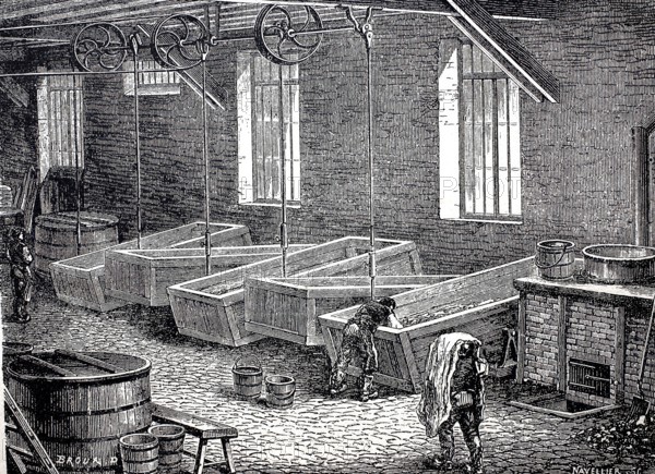 Leather processing, worker in a white tannery in Hungary, around 1880, digitally enhanced reproduction of a 19th century model, historical, exact date unknown
