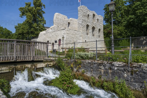 Castle ruins, Lippe waterfall, Bad Lippspringe, climatic health resort, North Rhine-Westphalia, Germany