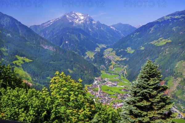 View of the village with Finkenberg and the Grinbergspitzen 2884m, Mayrhofen, Zillertal, Zillertal Alps, Tyrol, Austria