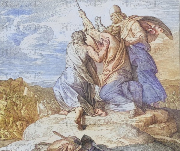 Biblical story, Amalek, tribe of the Amalekites, is overpowered by Moses' upraised hands, digitally enhanced reproduction of a wood engraving by Julius Schnorr von Carolsfeld, historical, around 1860, exact date unknown