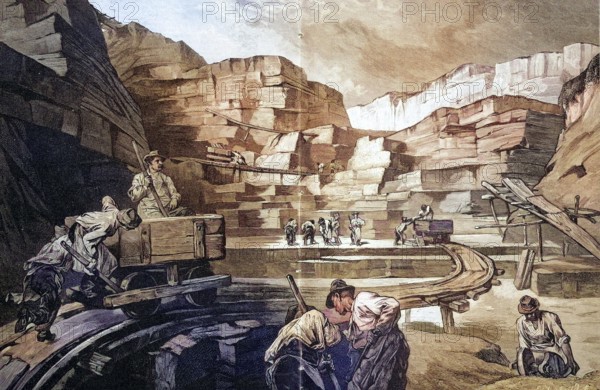 The Mörnsheim quarry near Sonthofen, fossils, place of discovery, Germany, coloured wood engraving, reproduction from a model from ca 1888, historical, workers in a quarry at work with carts and rocks in the background