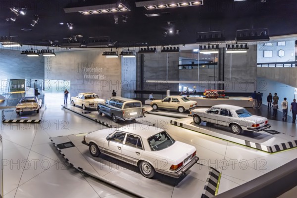 The Mercedes-Benz Museum in Stuttgart presents a journey through time through the automotive history of the global corporation. The history of the Mercedes star begins with the first automobile in 1886. 160 vehicles are on display. Stuttgart, Baden-Württemberg, Germany