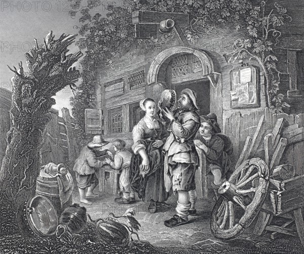 The tinker checking a pot for reproducibility, travelling craftsman, steel engraving after a painting by Frans van Mieris, historical, digitally restored reproduction of a 19th century original