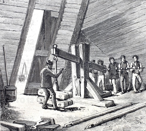 Petroleum wells in Oelheim, Ölheim, oil production, drilling machine for oil exploration, around 1882, district of Peine, Lower Saxony, Germany, Historical, digitally enhanced reproduction of a 19th century original