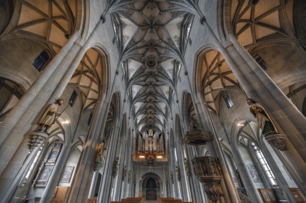 Interior of the Gothic Überlingen Minster, St Nicholas, built in 1350 and 1576 in the late Gothic style, Überlingen, Baden-Württemberg, Germany