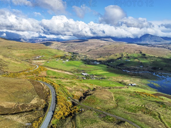 Farms and Moors over Loch Harport from a drone, Drynoch, Isle of Skye, Highlands, Scotland, United Kingdom
