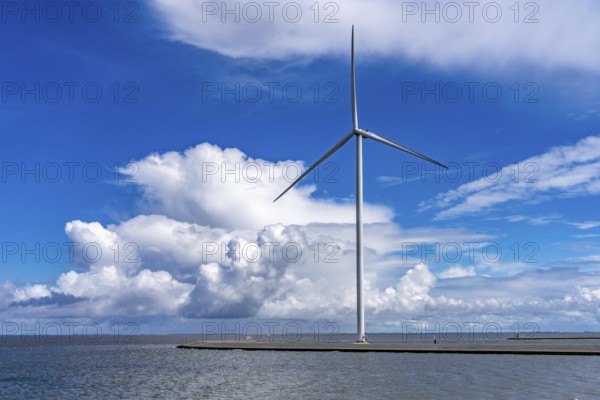 Strekdammen Wind Farm, wind farm at the seaport of Eemshaven in the Netherlands, built on offshore breakwaters, 2 GE Cypress 5, 5 MW turbines, with 158 metre blade diameter, together produce 11 MW of power, can supply 15, 500 households with electricity from wind, cumulus cloud over the North Sea, Netherlands