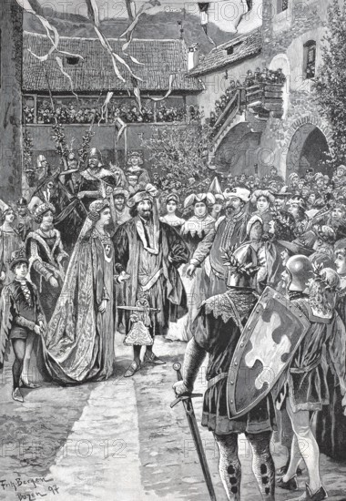 Castle festival at Runkelstein, greeting of Oswald von Runkelstein and his wife, South Tyrol, Italy, coloured wood engraving, reproduction of an original from ca 1888, Historical, A festive medieval procession with costumes and castle in the background, Europe, digitally restored reproduction of an old original, exact date unknown
