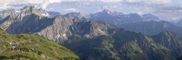 Panorama at sunset from Zeigersattel to Höfats 2259m, Allgäu Alps, Allgäu, Bavaria, Germany
