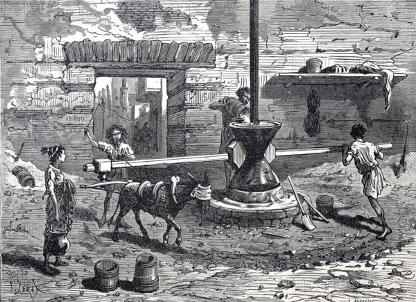 Milling, mill, mill of the ancient Romans driven by donkey and man, grain mill, millstone, digitally improved reproduction of a 19th century model, historical, exact date unknown