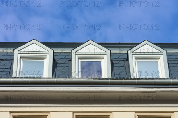 Three skylights under a clear blue sky, modern architecture with symmetrical structures, Freiburg im Breisgau, Black Forest, Baden-Württemberg, Germany