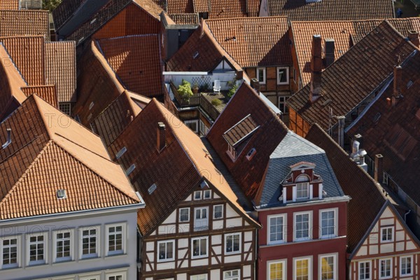 View from the town church tower over the roofs of the historic old town with its four hundred half-timbered houses, Celle, Lower Saxony, Germany