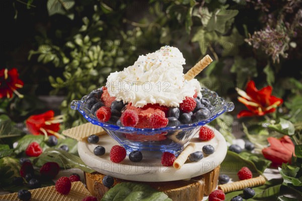 Ice cream sundae with raspberries and blueberries, decorated with cream and a wafer stick, surrounded by leaves and flowers