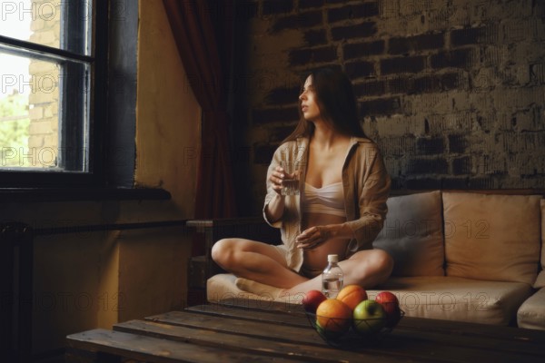 In a cozy home setting, a pregnant woman sits comfortably on a couch with a glass of mineral water, gazing out the window