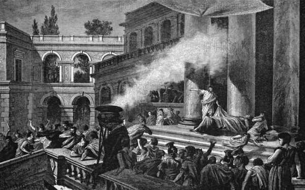 Mark Antony shows the body of Julius Caesar after his assassination on the Ides of March, 15 March 44 BC, Theatre of Pompeius pompeius, Rome, Italy, digital reproduction of a historical original