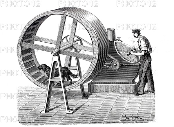 Dog driving the wheel of a whetstone, man sharpening a knife, digitally enhanced reproduction of a 19th century model, historical, exact date unknown