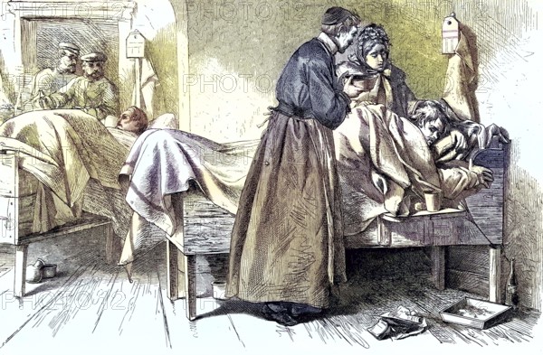 In the Prussian main hospital in Flensburg, Germany, coloured woodcut from 1864, medical staff caring for patients in a historic hospital room