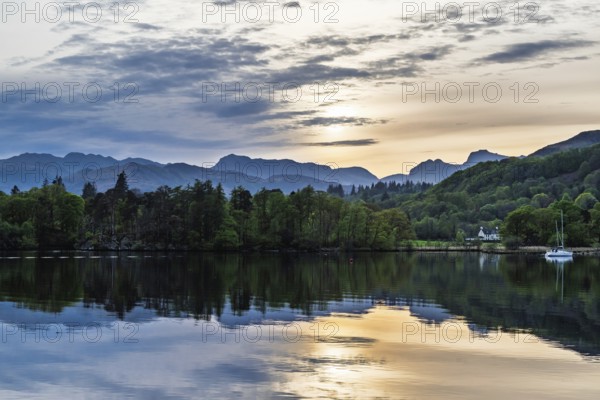 Sunset over Windermere Lake, Ambleside, Lake District, Cumbria, England, United Kingdom