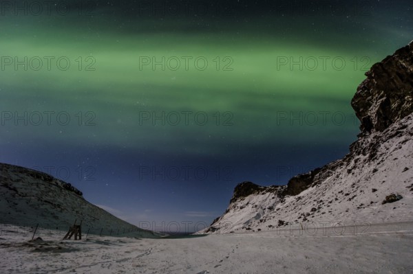 Northern Lights, Close to Vik, Ring Road, Mountains, Frost, Winter, Cold, Snow, Night, Iceland* Northern Lights, Close to Vik, Ring Road, Mountain Range, Cold, Snow, Night, Iceland