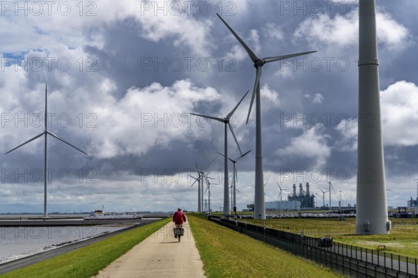 Strekdammen Wind Farm, wind farm at the seaport of Eemshaven in the Netherlands, left, built on offshore breakwaters, 2 GE Cypress 5, 5 MW turbines, with 158 metre blade diameter, together produce 11 MW of power, can supply 15, 500 households with electricity from wind, cumulus cloud over the North Sea, Netherlands