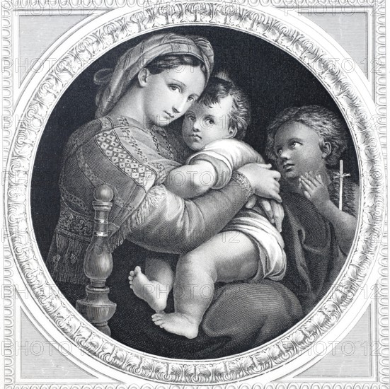 Madonna della Sedia, after a painting by Raphael, illustration from 1870, Palazzo Pitti, Florence, Italy, digitally enhanced reproduction from a 19th century original, historical, exact date unknown