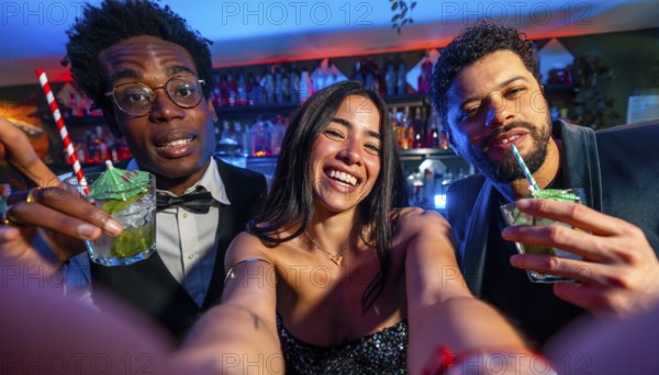 Cheerful multi ethnic friends enjoying cocktails and capturing joyful selfies at a vibrant nightclub filled with colorful lights and excitement