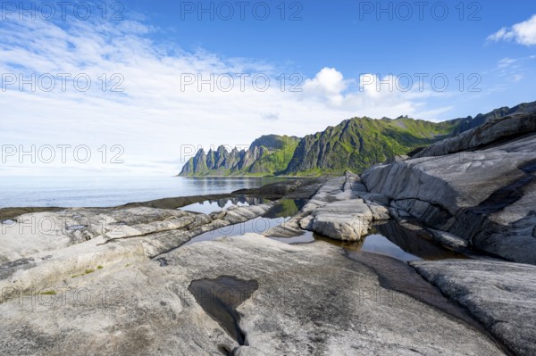 Tidal pools, rocky coast of Tungeneset, Devil's Teeth, Devil's Teeth, Okshornan, Ersfjorden, Senja Island, Troms, Norway