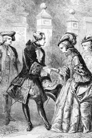 In August 1761, King George III met Princess Charlotte of Mecklenburg-Strelitz and married her two weeks later, England, digital reproduction of a historical model