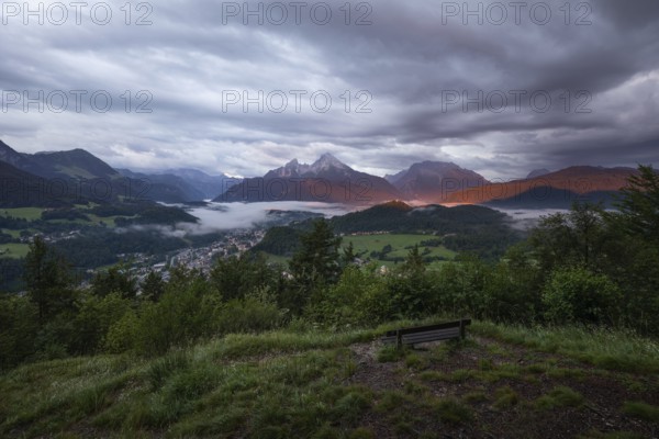 Marxenhöhe near Berchtesgaden with Watzmann view in the morning mist after the rain