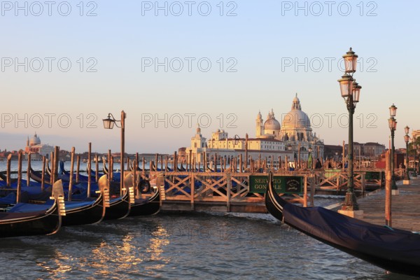Gondolas in front of the Piazzetta behind the Basilca di Santa Maria della Salute, Vemedig, Veneto, Italy