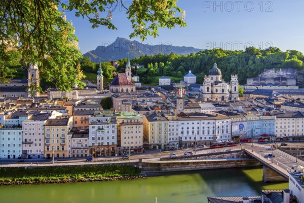 Panoramic view from the Kapuzinerberg over the Salzach river to the old town and the Untersberg 1973m, Salzburg, Salzachtal, Salzburg province, Austria