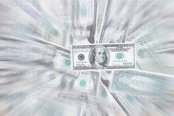 Various US dollar notes in a pile, banknotes, zoom effect