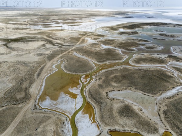Desert-like scenery with rivers and salt flats, a barren, wide landscape, aerial view, salt lake, Tuz Gölü, location between Konya, Aksaray and Ankara, Turkey