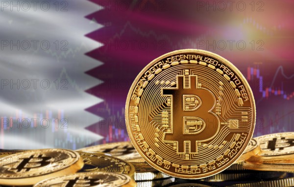 Investors in cryptocurrency and Blockchain Technology in Qatar, Concept. Bitcoin with Qatar flag in the background
