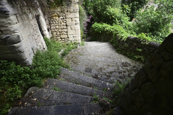 Stairs down a path lined with green plants. The path runs along a ravine and connects the Superior district of Ragusa with the Ibla district, which is situated on a hill