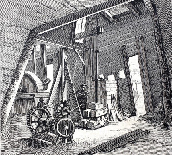 Petroleum wells in Oelheim, Ölheim, oil production, pumping station, around 1882, district of Peine, Lower Saxony, Germany, Historical, digitally enhanced reproduction of a 19th century original