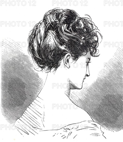 Women's heads, hairstyles and headgear around 1860, hairstyle a la Struwelpeter, short hairstyle, historical, digitally enhanced reproduction of a 19th century model