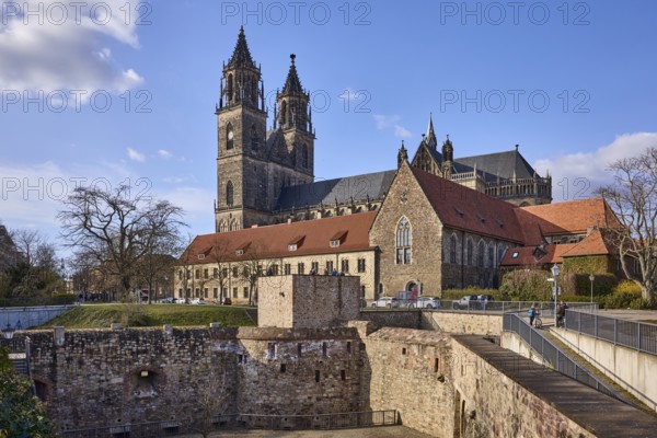 Magdeburg Cathedral, Gothic architecture, bastion Cleve, defence defence tower Cleve, bare winter trees, blue sky, cumulus clouds, at the cathedral, cathedral square, Magdeburg, state capital, independent city, Saxony-Anhalt, Germany