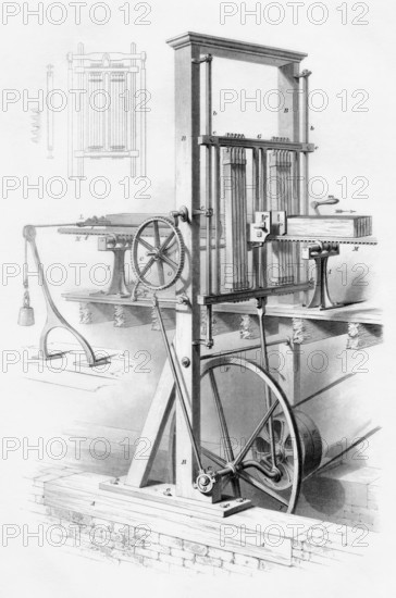 Sägewerk im 19. Jahrhundert. Aus der Cyclopedia of Useful Arts and Manufactures von Charles Tomlinson., digitale Reproduktion einer historischen Vorlage