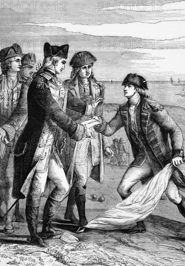 General George Washington accepts the white flag after the British surrender by Charles Cornwallis. After the successful siege of Yorktown, Virginia, on 17 October 1781, it ended the great battles during the American Revolution, digital reproduction of a historical model