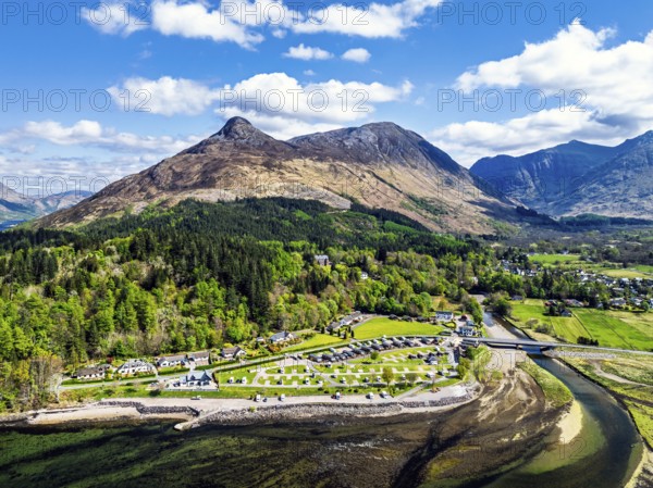 Loch Leven and Holiday Park from a drone, Glencoe, Highland, Scotland, United Kingdom