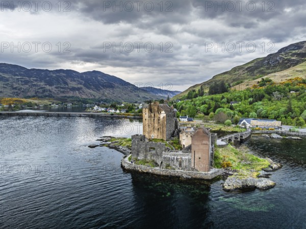 Eilean Donan Castle and Loch Duich from a drone, Isle of Skye, Highlands, Scotland, England, United Kingdom