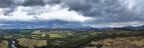 Panorama of Nevis Range Mountains from a drone, Grampian Mountains, Highland, Lochaber, Scotland, United Kingdom