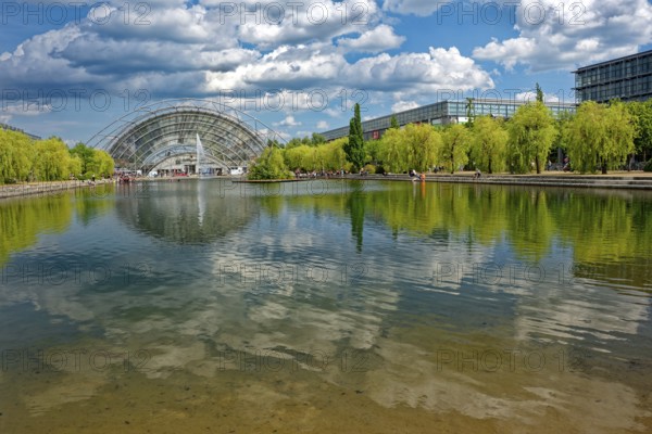 New Leipzig Trade Fair Centre, Leipzig Trade Fair, with glass entrance hall and water basin, trade fair complex, exhibition grounds, glass dome, event, trade, exhibition, Leipzig, Saxony, Germany