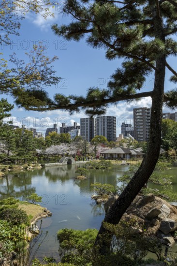 Shukkei-en with Sekisui-gan stone formation, green plants, trees and Koko-kyo stone bridge over Takuei-chi pond in spring, historical Japanese strolling garden, Japanese garden, green area, tourist attraction, sight, Naka-ku, Hiroshima, Japan