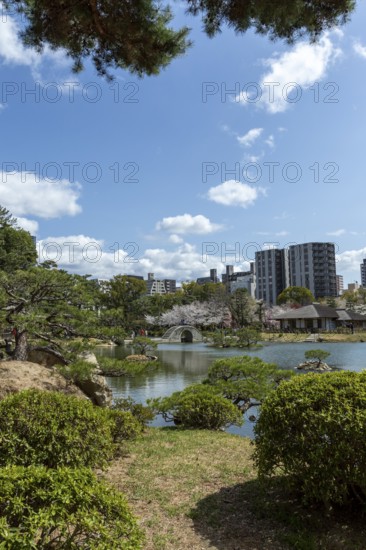 Shukkei-en with green plants and Takuei-chi pond in spring, historical Japanese strolling garden, Japanese garden, green area, tourist attraction, sight, Naka-ku, Hiroshima, Japan