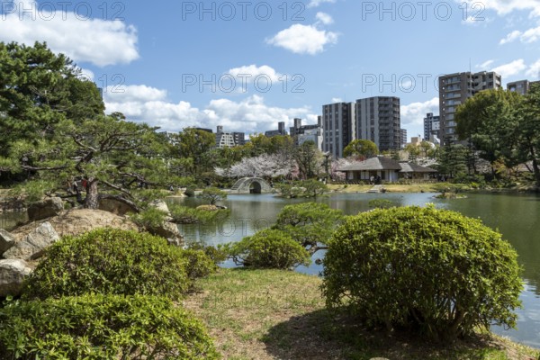 Shukkei-en with green plants and Takuei-chi pond in spring, historical Japanese strolling garden, Japanese garden, green area, tourist attraction, sight, Naka-ku, Hiroshima, Japan